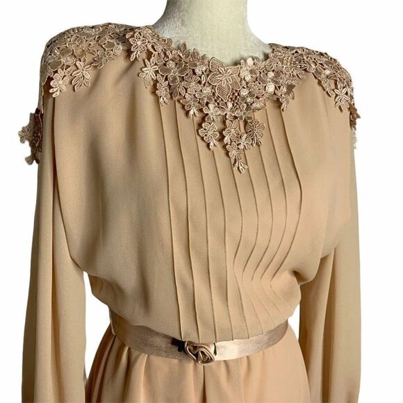 Vintage 80s Pleated Chiffon Midi Dress M Pink Embroidered Applique Satin Belt - Picture 4 of 11